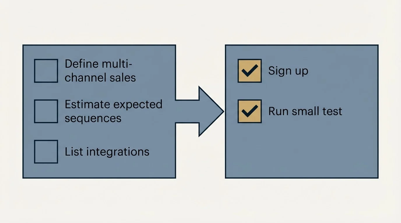 Before-and-after steps: Getting Started Checklist (Define multi-channel sales, Estimate expected sequences, List integrations, Sign up)
