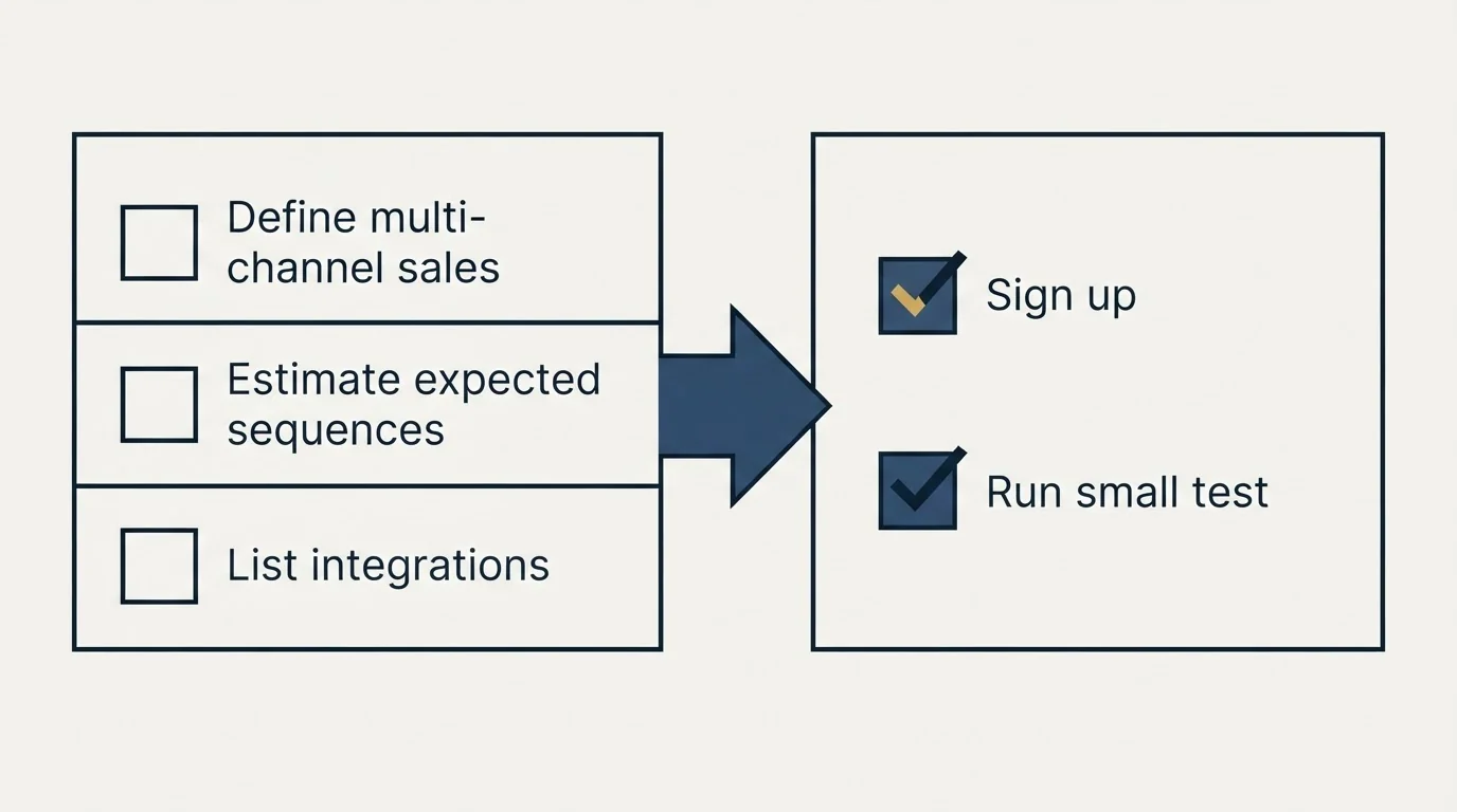 Before-and-after steps: Getting Started Checklist (Define multi-channel sales, Estimate expected sequences, List integrations, Sign up)