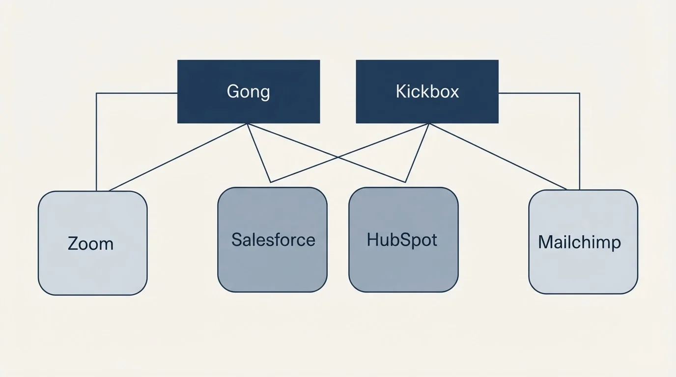 Integration grid: Integration Ecosystem (Gong, Kickbox, Salesforce, HubSpot)