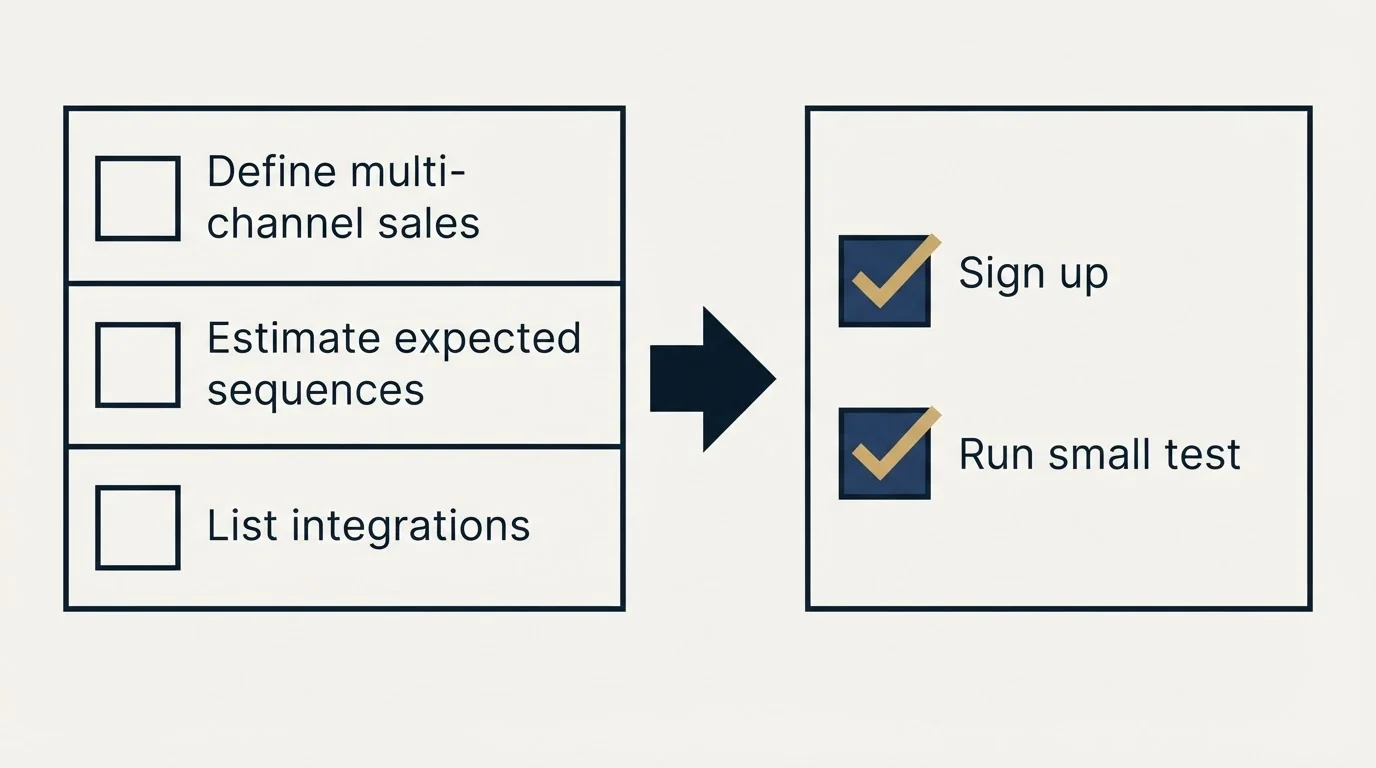 Before-and-after steps: Getting Started Checklist (Define multi-channel sales, Estimate expected sequences, List integrations, Sign up)