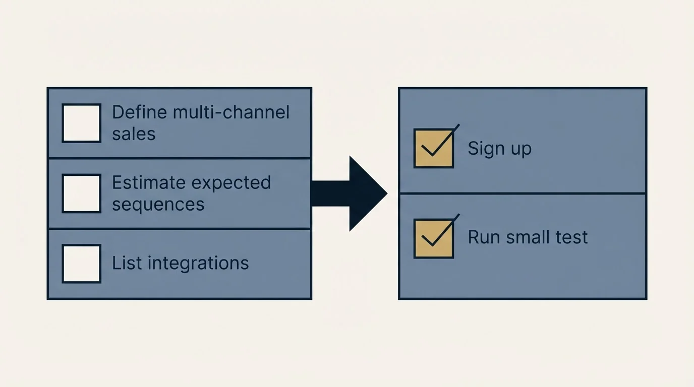 Before-and-after steps: Getting Started Checklist (Define multi-channel sales, Estimate expected sequences, List integrations, Sign up)