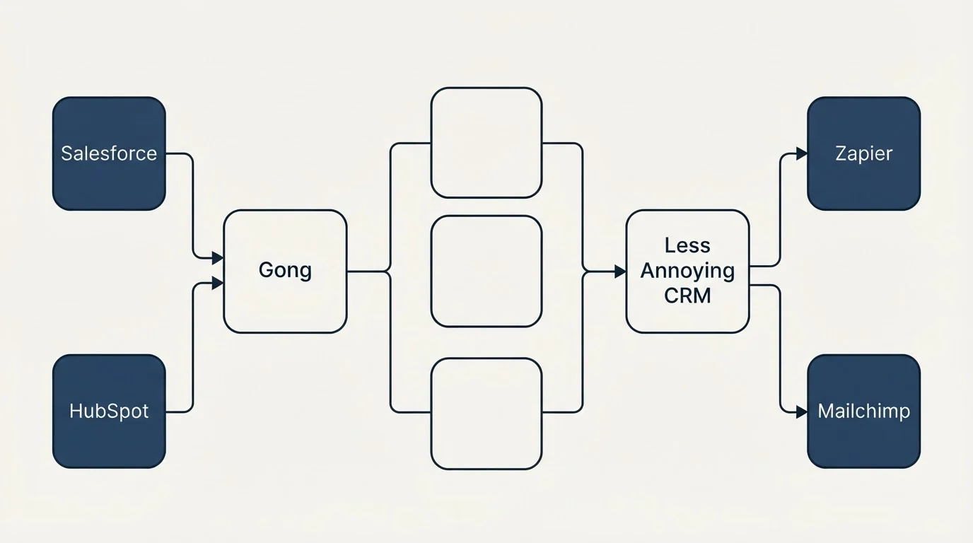Integration flow: Integration Ecosystem (Gong, Less Annoying CRM, Salesforce, Zapier)