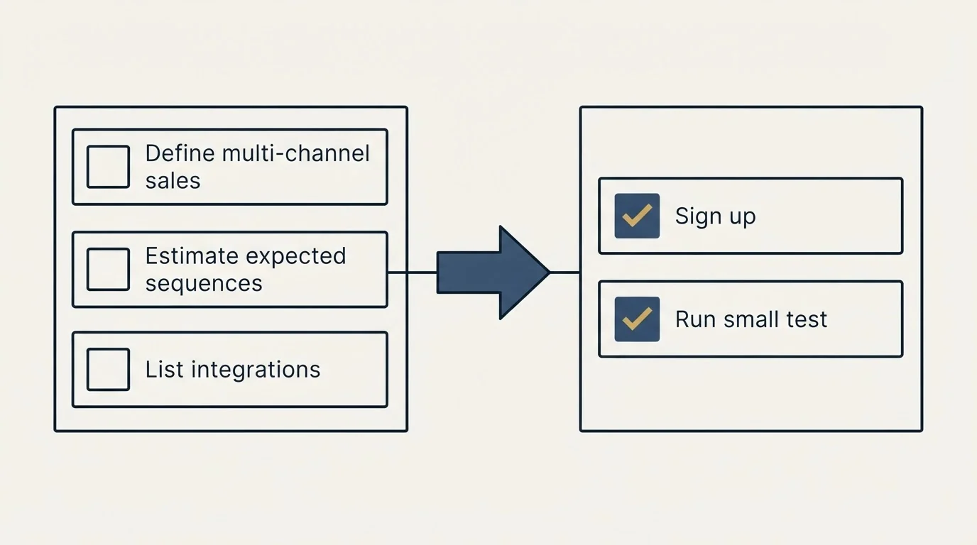 Before-and-after steps: Getting Started Checklist (Define multi-channel sales, Estimate expected sequences, List integrations, Sign up)
