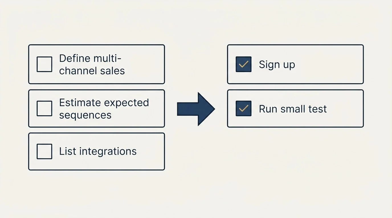 Before-and-after steps: Getting Started Checklist (Define multi-channel sales, Estimate expected sequences, List integrations, Sign up)