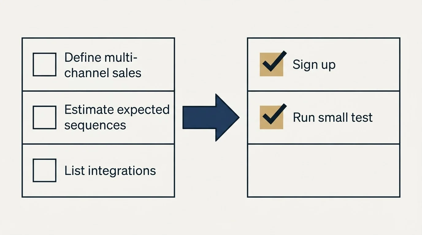 Before-and-after steps: Getting Started Checklist (Define multi-channel sales, Estimate expected sequences, List integrations, Sign up)