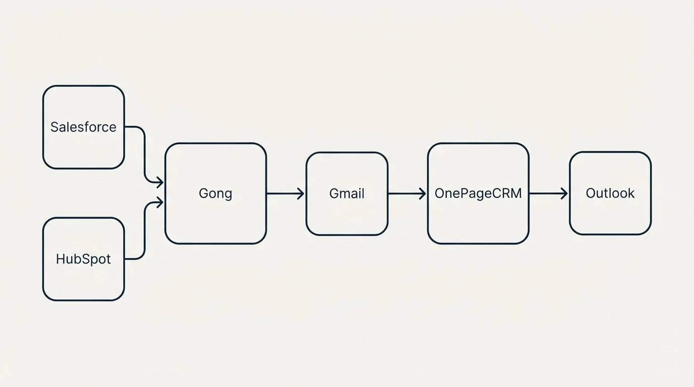 Integration schematic: Integration Ecosystem (Gong, OnePageCRM, Gmail, Salesforce)