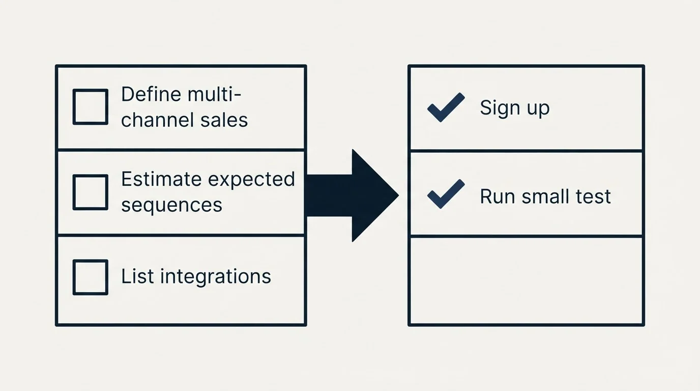 Before-and-after steps: Getting Started Checklist (Define multi-channel sales, Estimate expected sequences, List integrations, Sign up)