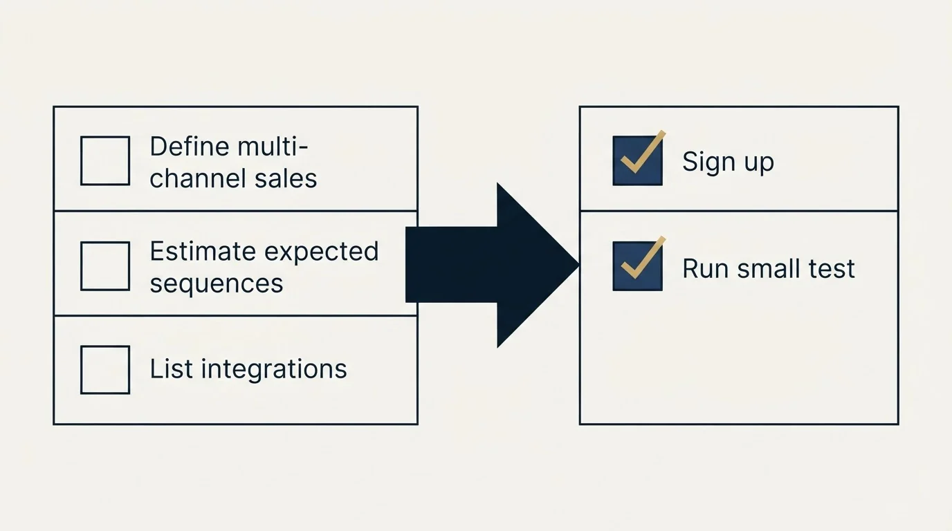 Before-and-after steps: Getting Started Checklist (Define multi-channel sales, Estimate expected sequences, List integrations, Sign up)