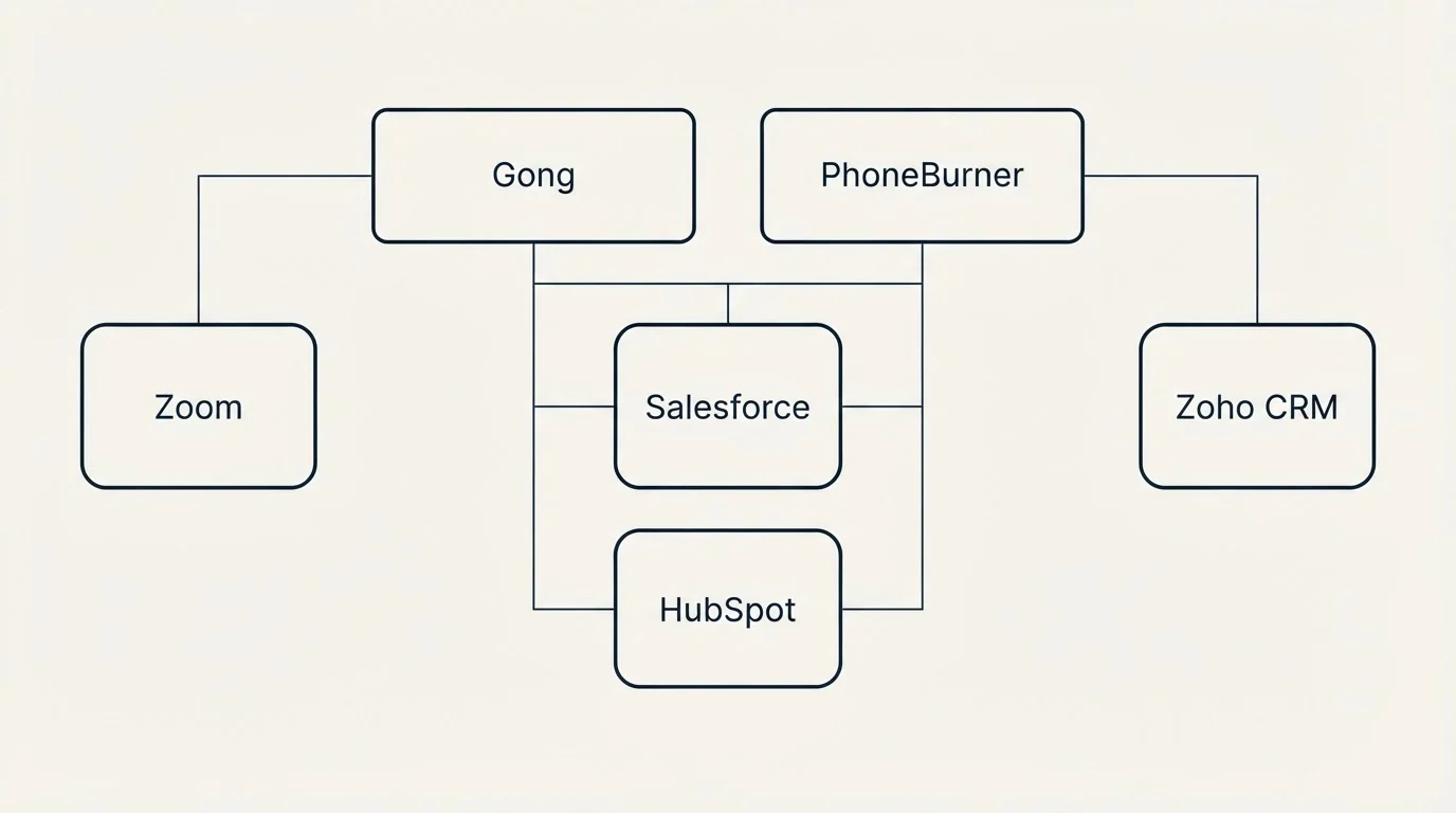 Integration grid: Integration Ecosystem (Gong, PhoneBurner, Salesforce, HubSpot)