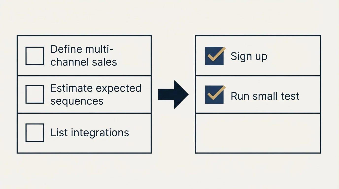 Before-and-after steps: Getting Started Checklist (Define multi-channel sales, Estimate expected sequences, List integrations, Sign up)