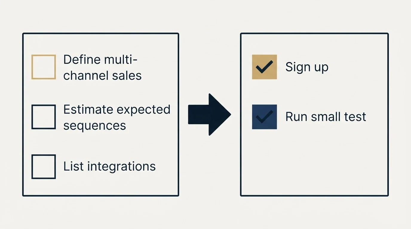 Before-and-after steps: Getting Started Checklist (Define multi-channel sales, Estimate expected sequences, List integrations, Sign up)