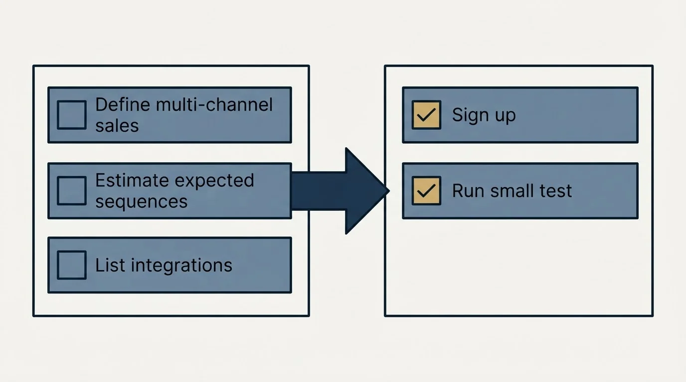 Before-and-after steps: Getting Started Checklist (Define multi-channel sales, Estimate expected sequences, List integrations, Sign up)