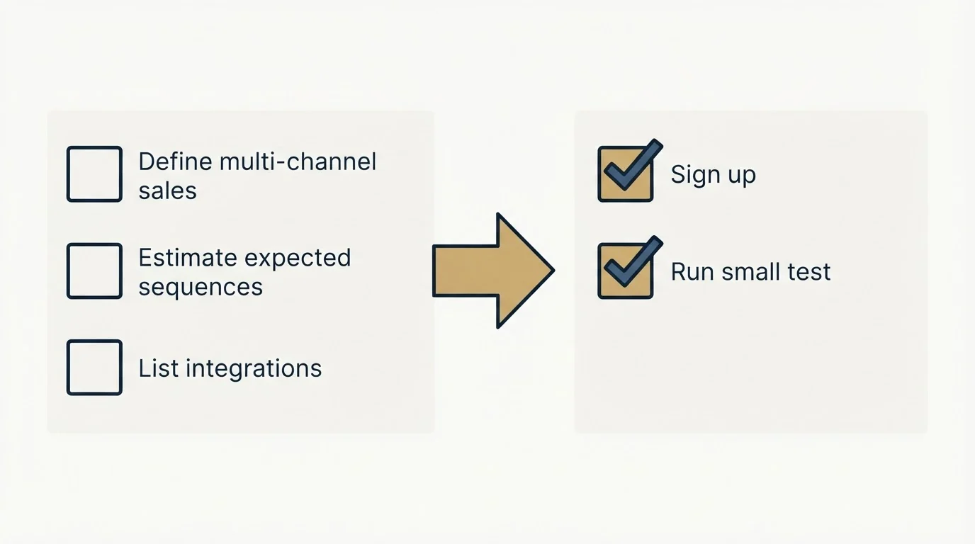 Before-and-after steps: Getting Started Checklist (Define multi-channel sales, Estimate expected sequences, List integrations, Sign up)