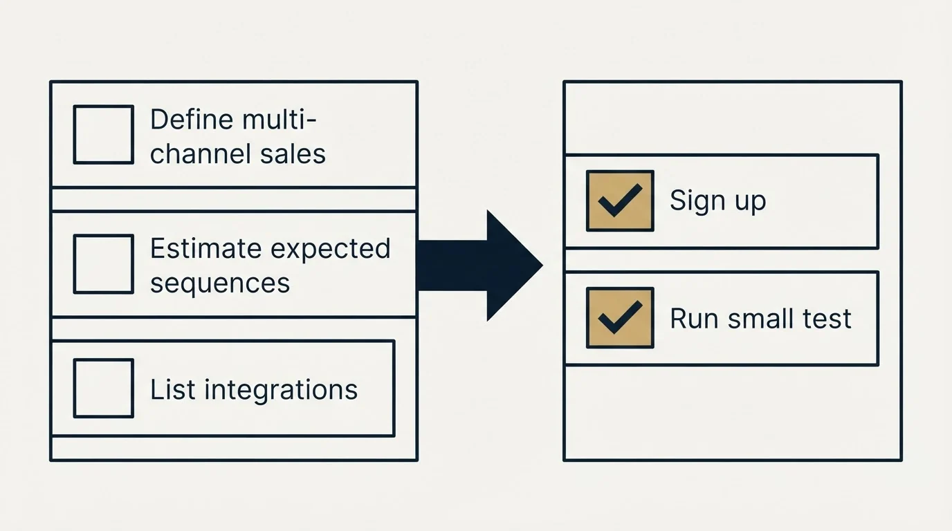 Before-and-after steps: Getting Started Checklist (Define multi-channel sales, Estimate expected sequences, List integrations, Sign up)