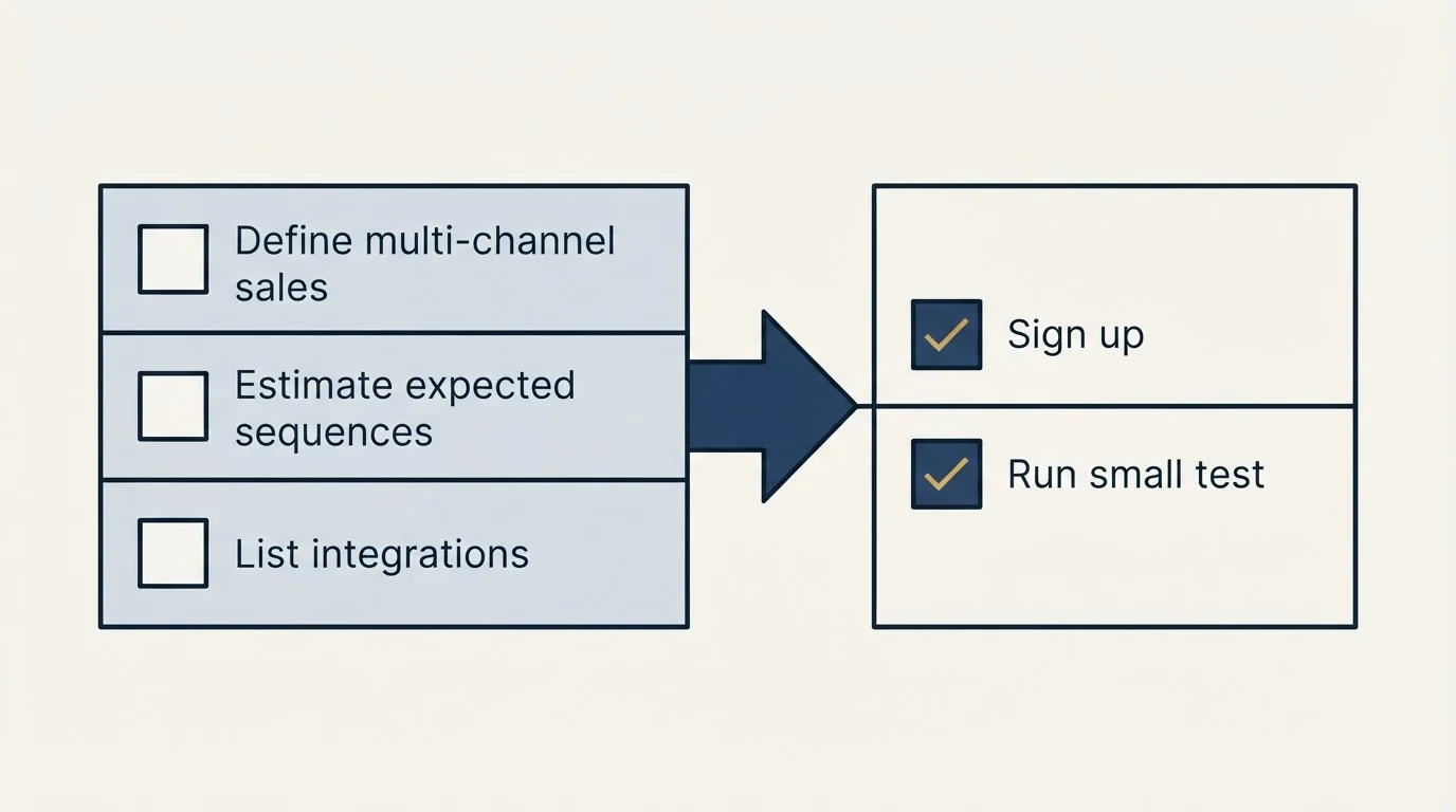Before-and-after steps: Getting Started Checklist (Define multi-channel sales, Estimate expected sequences, List integrations, Sign up)