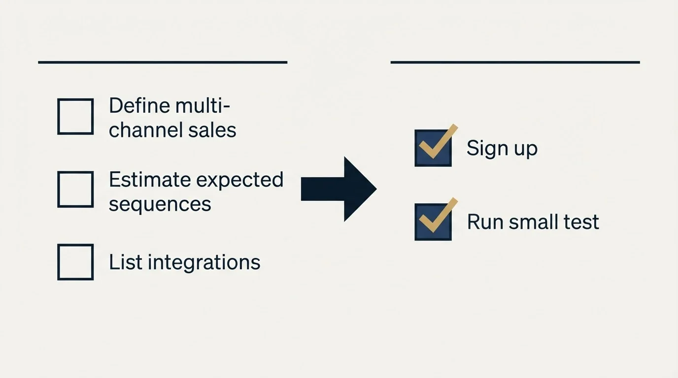 Before-and-after steps: Getting Started Checklist (Define multi-channel sales, Estimate expected sequences, List integrations, Sign up)
