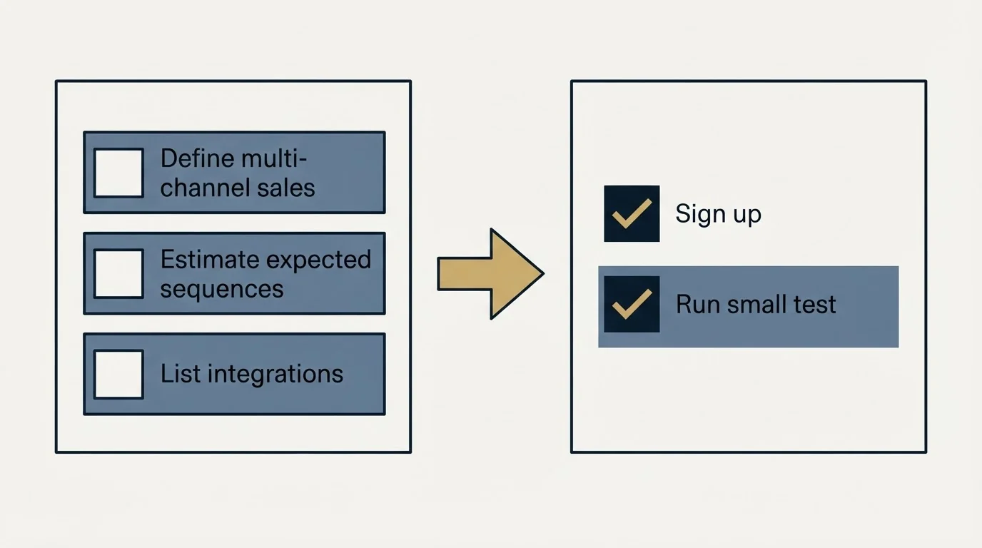 Before-and-after steps: Getting Started Checklist (Define multi-channel sales, Estimate expected sequences, List integrations, Sign up)