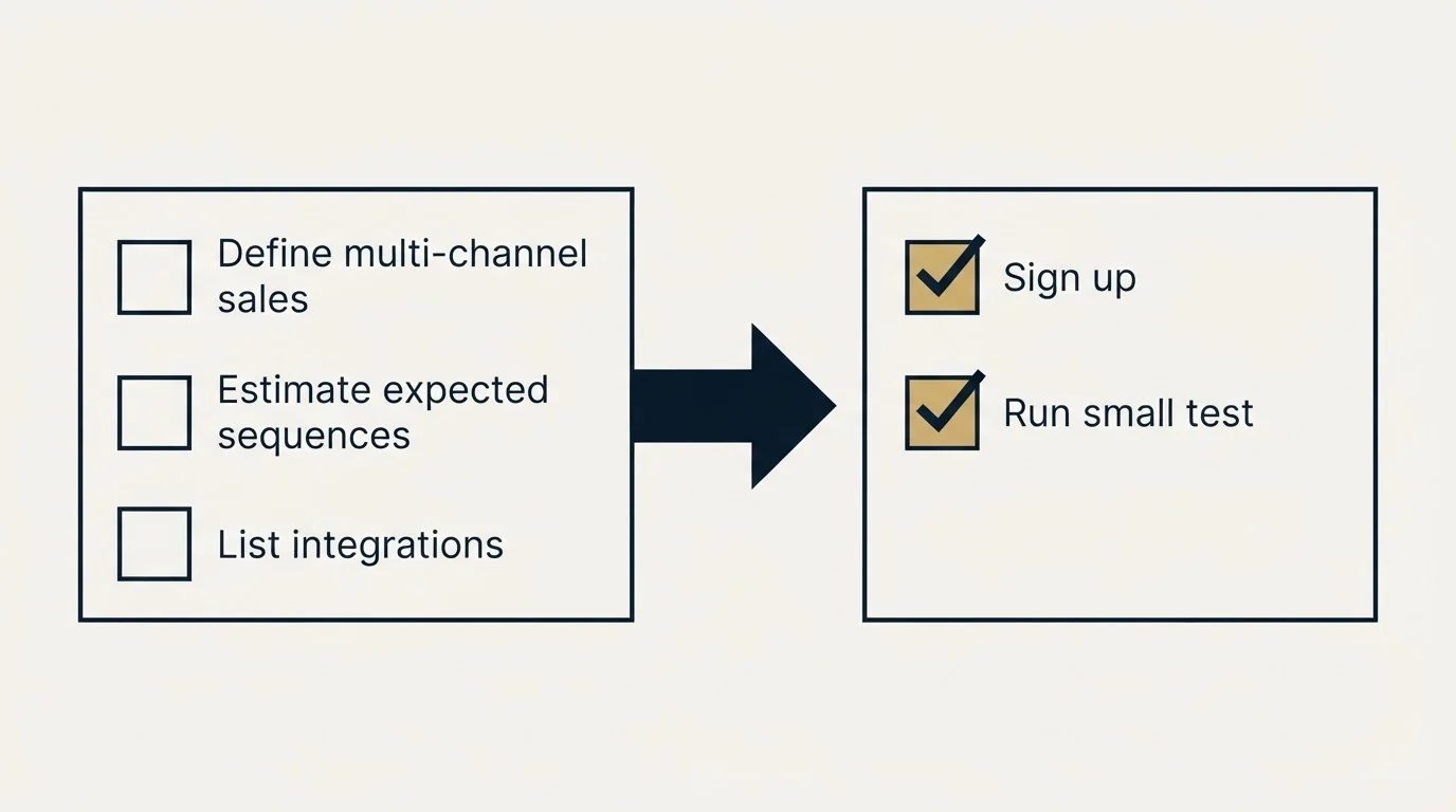 Before-and-after steps: Getting Started Checklist (Define multi-channel sales, Estimate expected sequences, List integrations, Sign up)