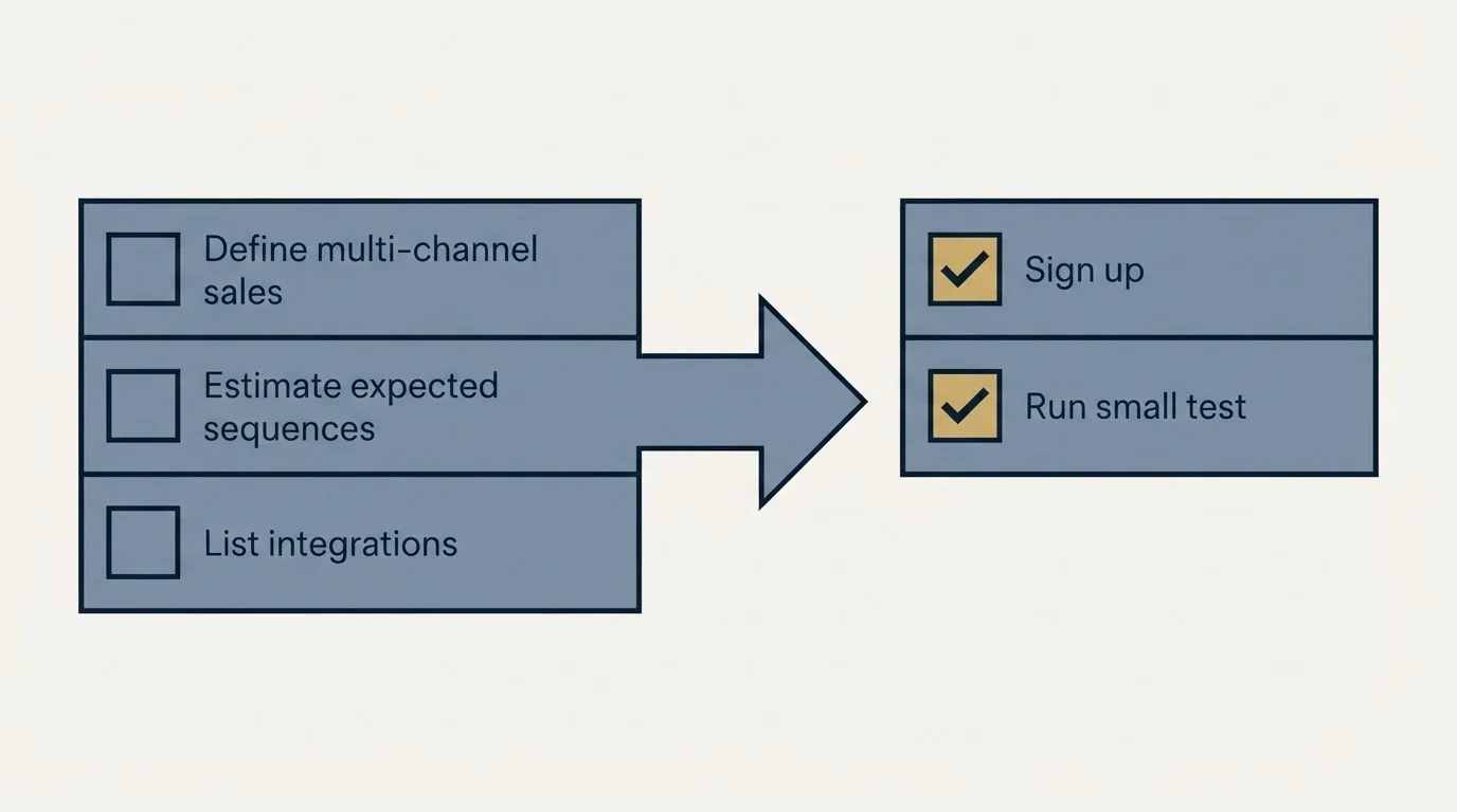 Before-and-after steps: Getting Started Checklist (Define multi-channel sales, Estimate expected sequences, List integrations, Sign up)