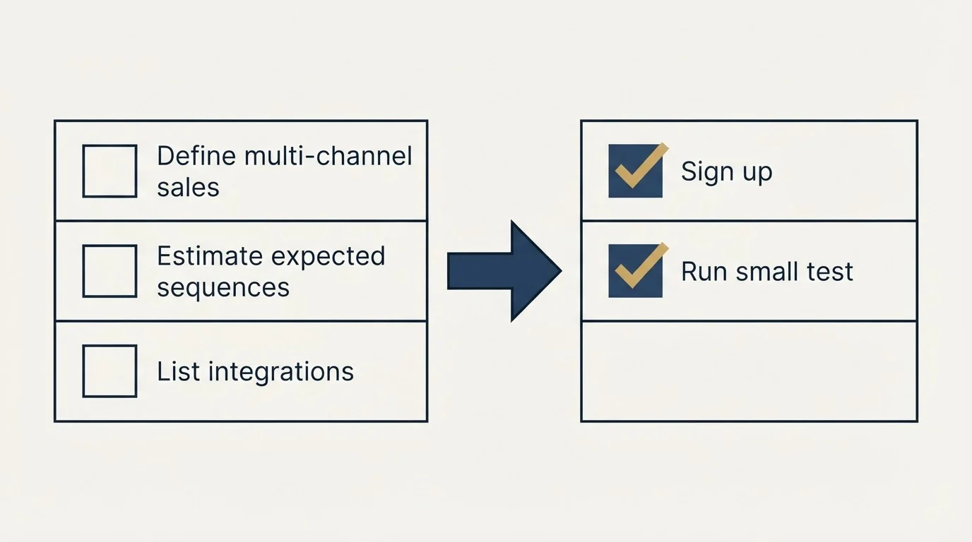 Before-and-after steps: Getting Started Checklist (Define multi-channel sales, Estimate expected sequences, List integrations, Sign up)