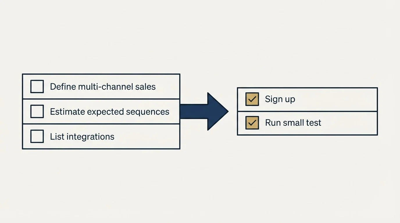 Before-and-after steps: Getting Started Checklist (Define multi-channel sales, Estimate expected sequences, List integrations, Sign up)