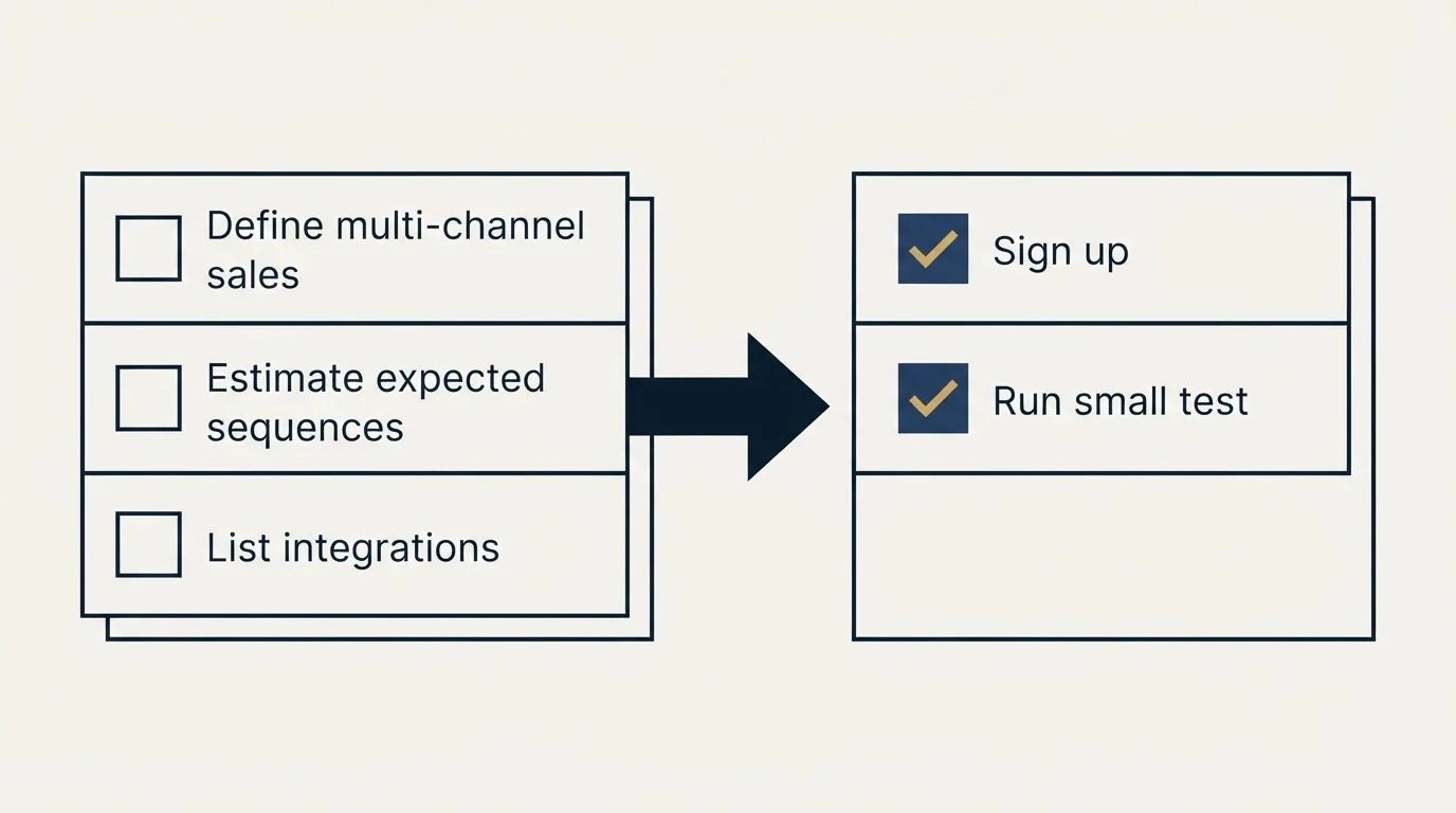 Before-and-after steps: Getting Started Checklist (Define multi-channel sales, Estimate expected sequences, List integrations, Sign up)