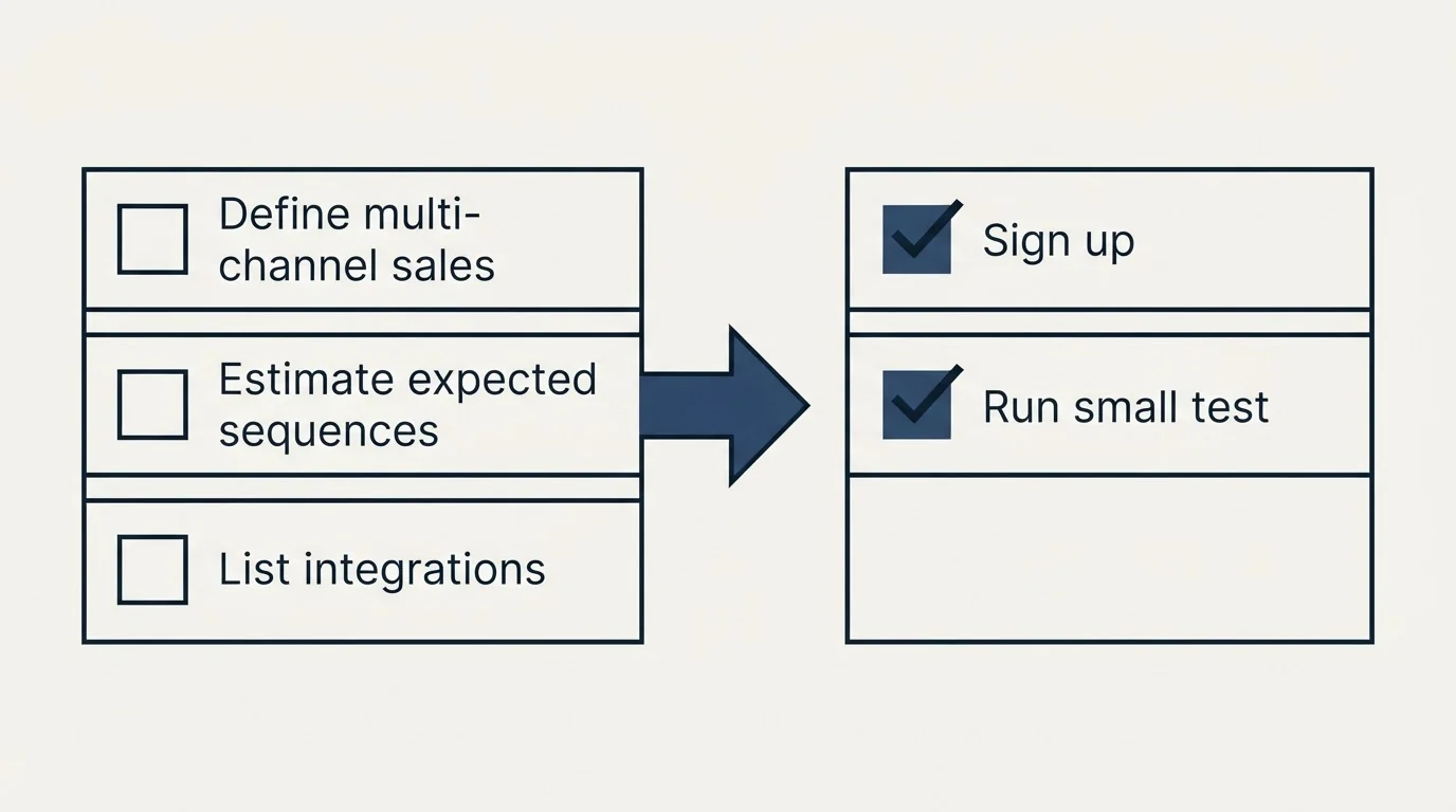 Before-and-after steps: Getting Started Checklist (Define multi-channel sales, Estimate expected sequences, List integrations, Sign up)