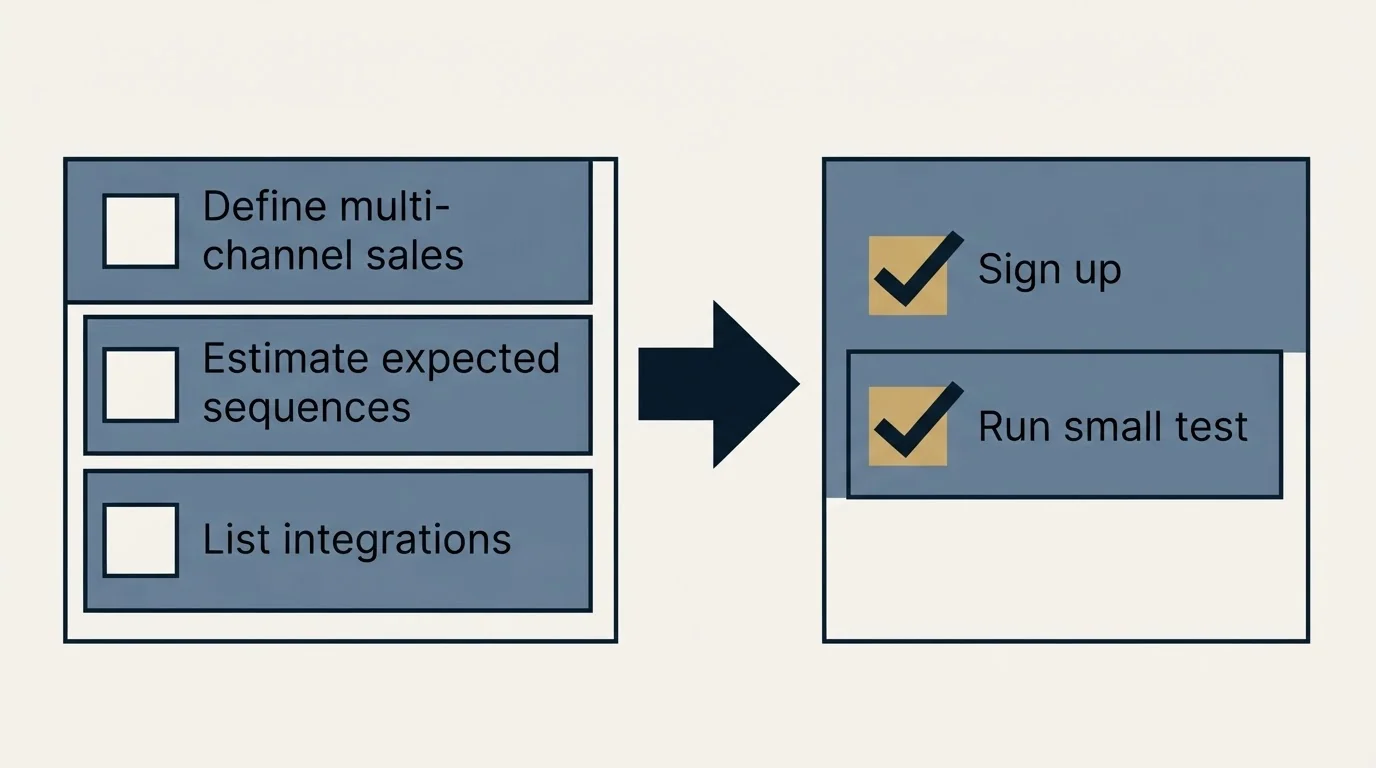 Before-and-after steps: Getting Started Checklist (Define multi-channel sales, Estimate expected sequences, List integrations, Sign up)