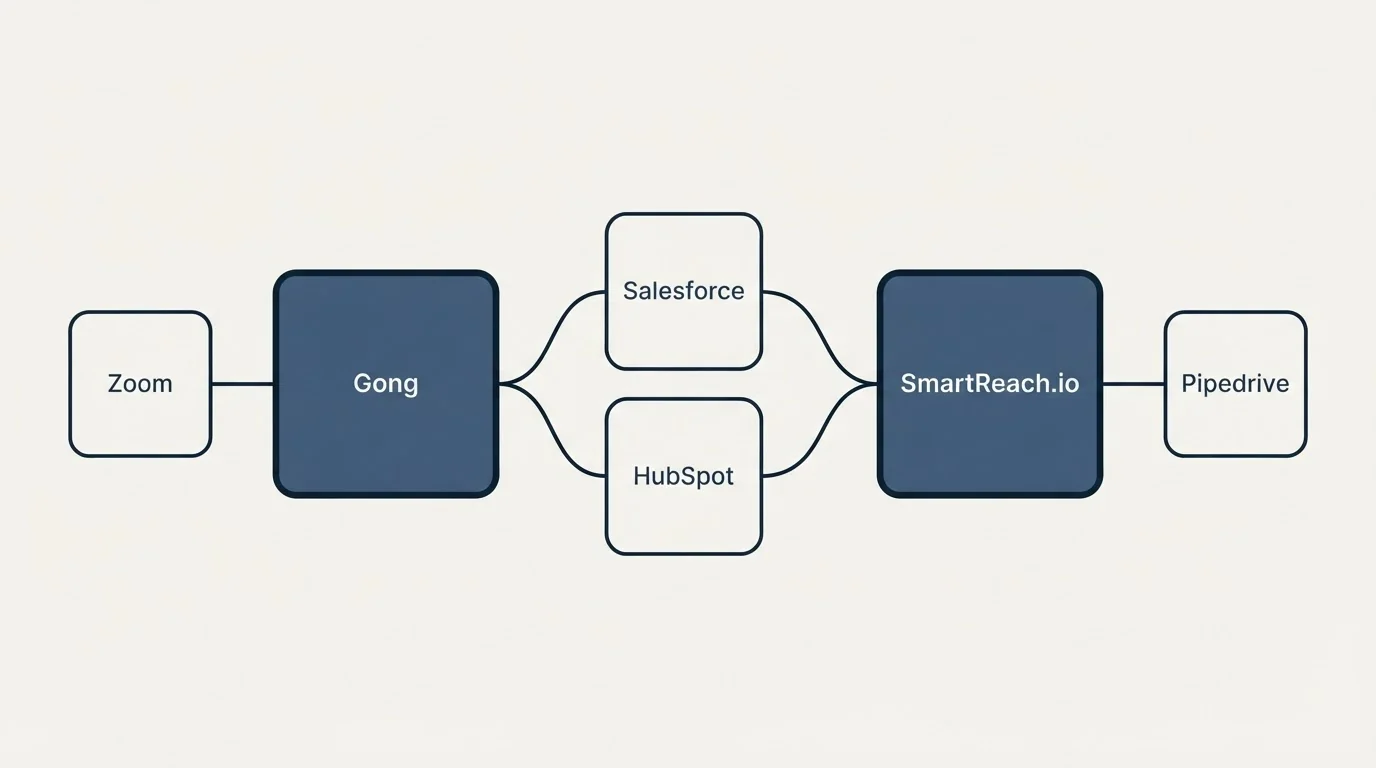Integration schematic: Integration Ecosystem (Gong, SmartReach.io, Salesforce, HubSpot)