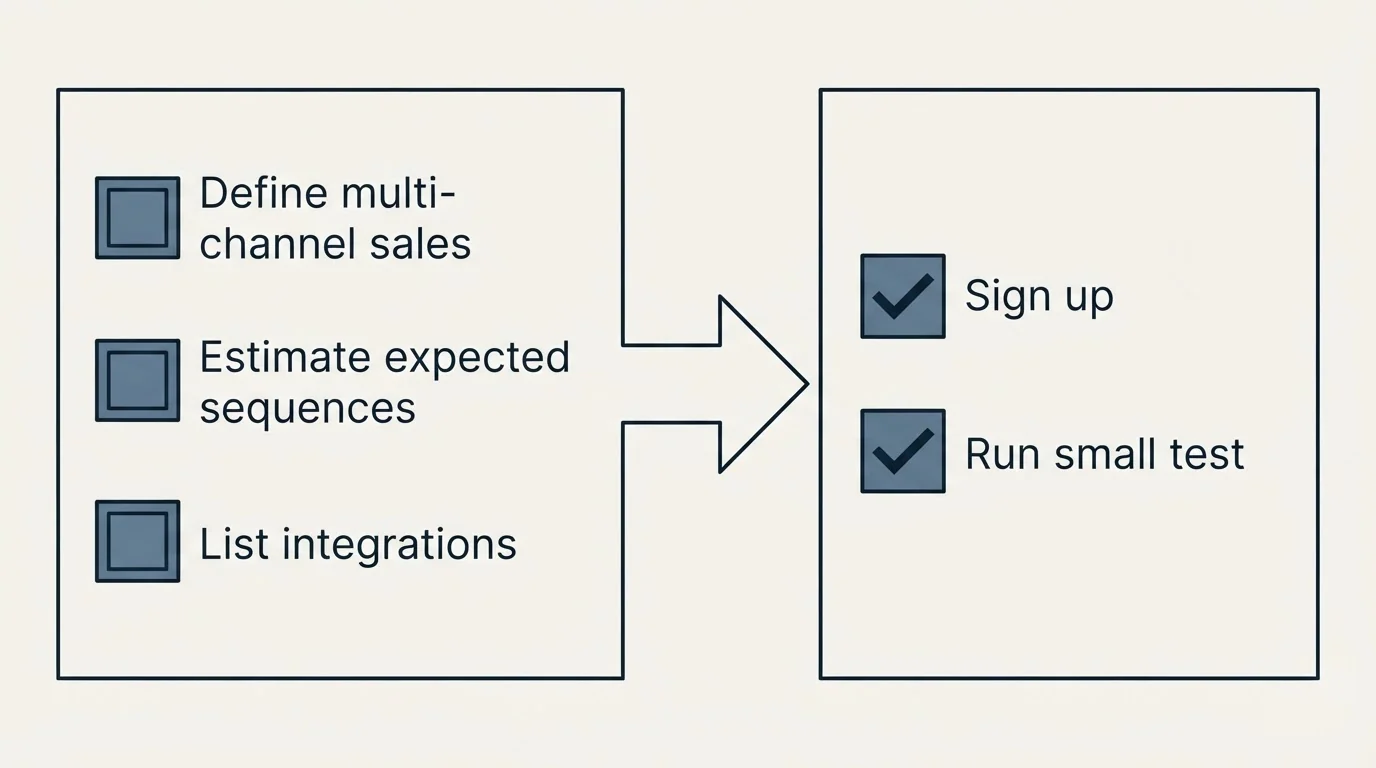 Before-and-after steps: Getting Started Checklist (Define multi-channel sales, Estimate expected sequences, List integrations, Sign up)