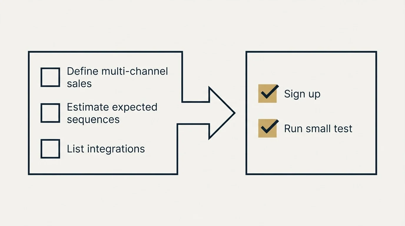 Before-and-after steps: Getting Started Checklist (Define multi-channel sales, Estimate expected sequences, List integrations, Sign up)