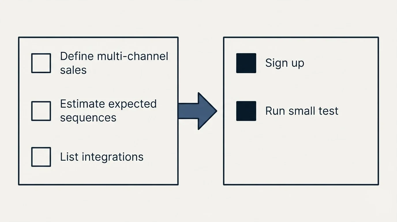 Before-and-after steps: Getting Started Checklist (Define multi-channel sales, Estimate expected sequences, List integrations, Sign up)