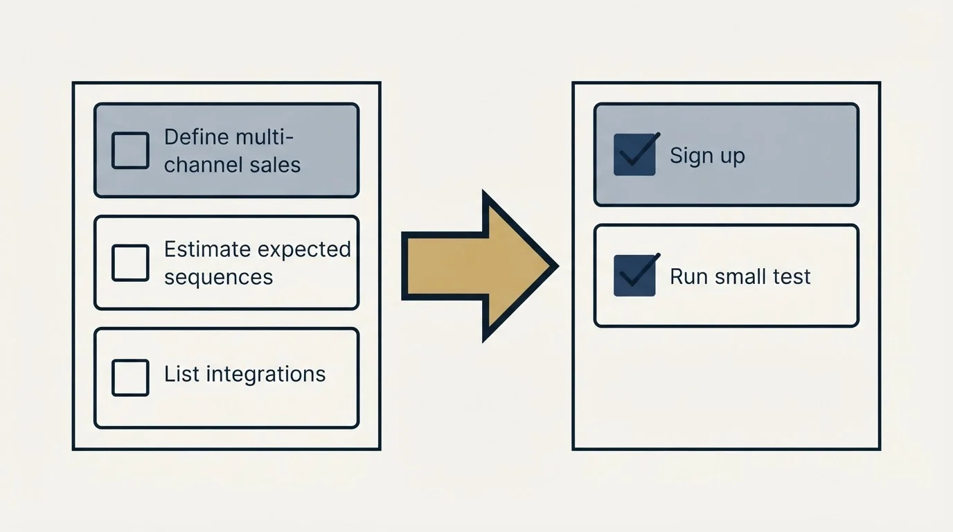 Before-and-after steps: Getting Started Checklist (Define multi-channel sales, Estimate expected sequences, List integrations, Sign up)