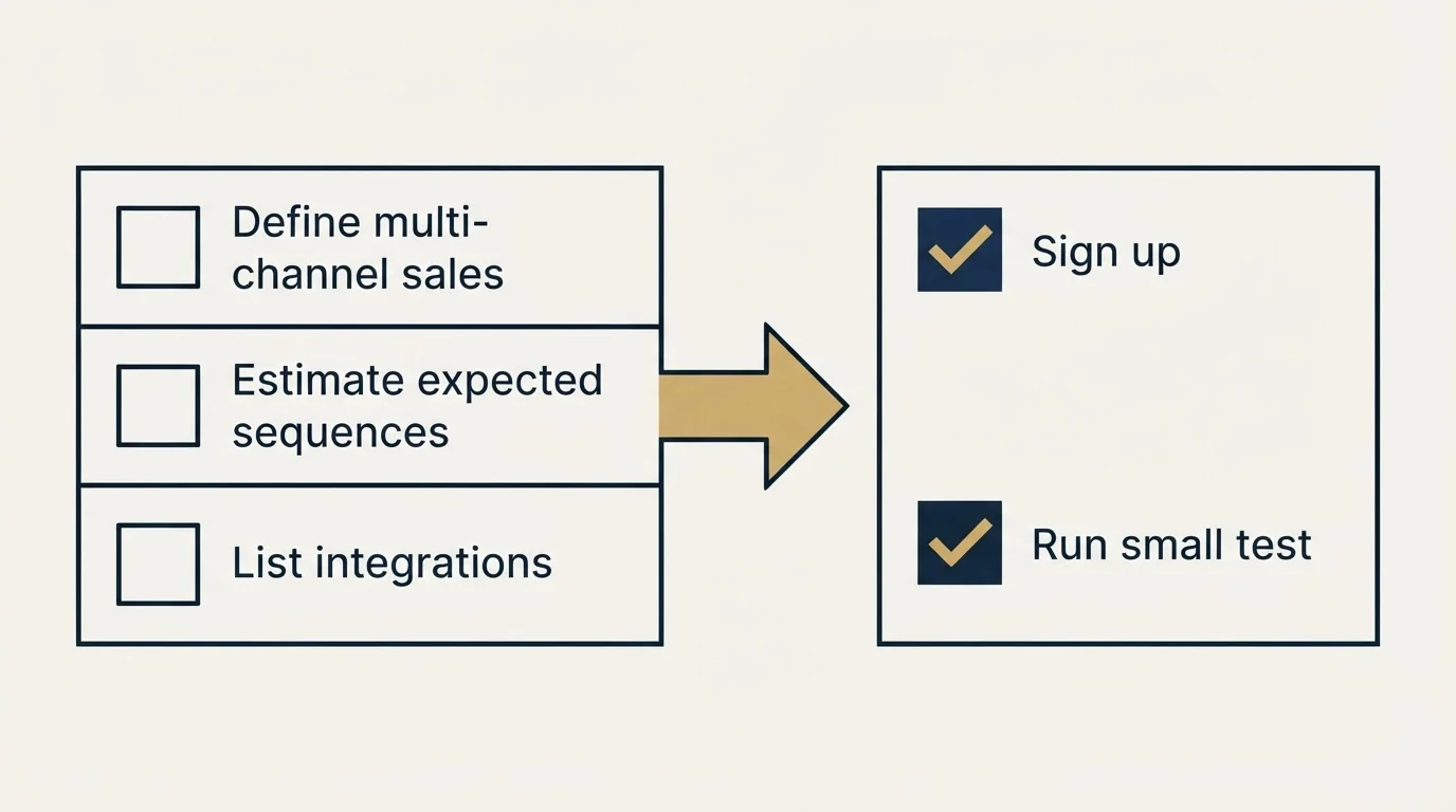 Before-and-after steps: Getting Started Checklist (Define multi-channel sales, Estimate expected sequences, List integrations, Sign up)