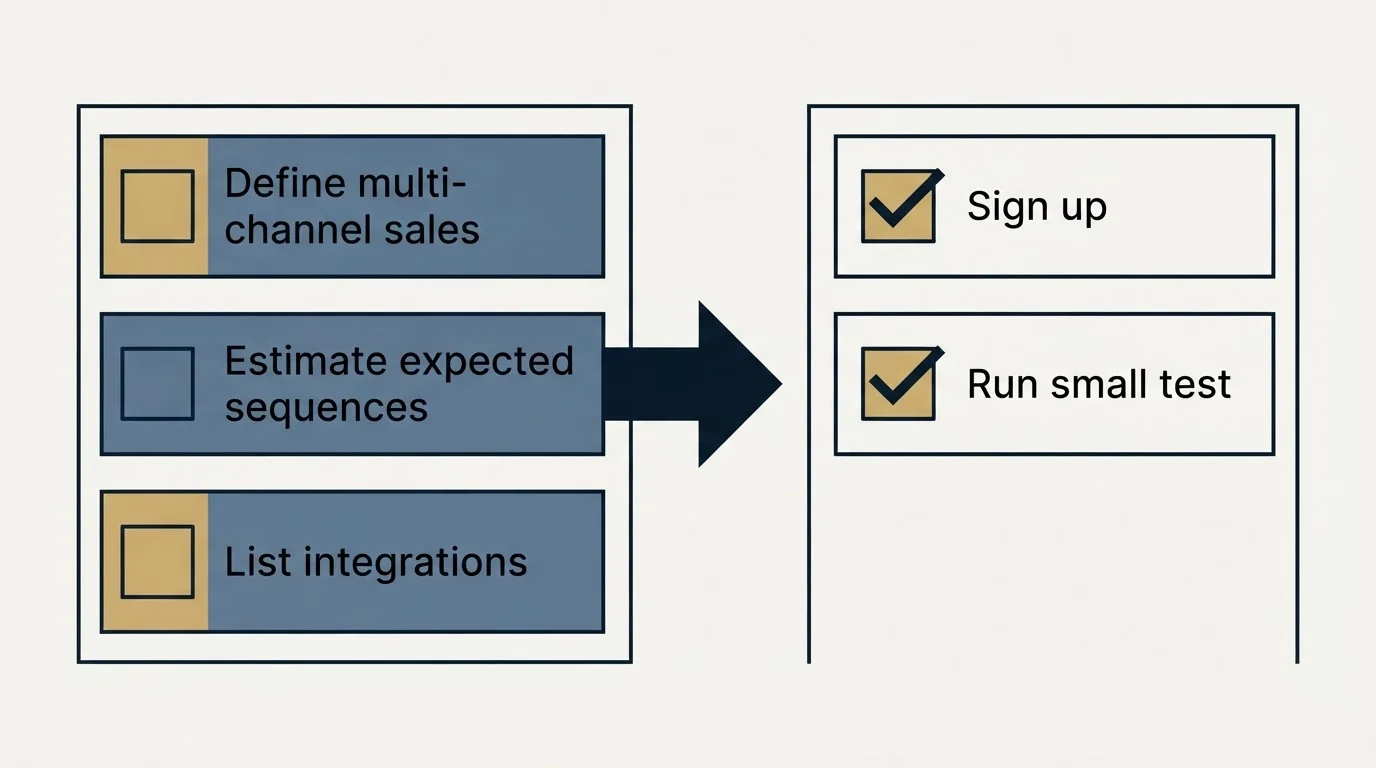 Before-and-after steps: Getting Started Checklist (Define multi-channel sales, Estimate expected sequences, List integrations, Sign up)