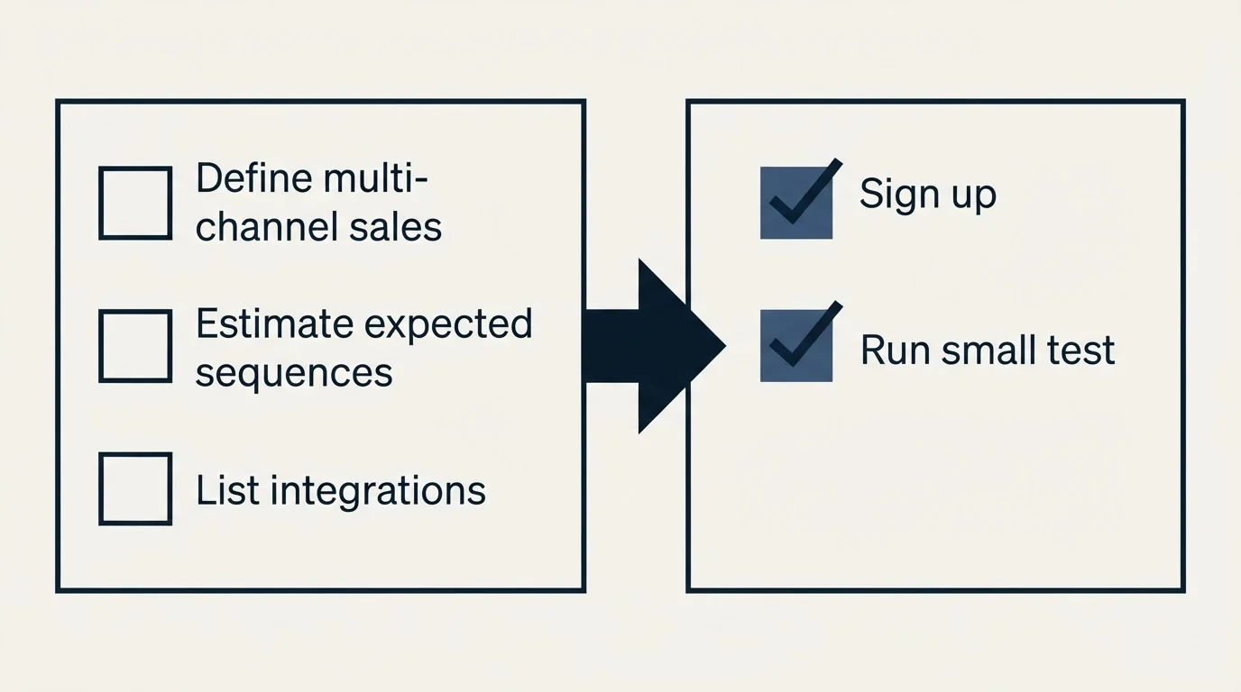 Before-and-after steps: Getting Started Checklist (Define multi-channel sales, Estimate expected sequences, List integrations, Sign up)