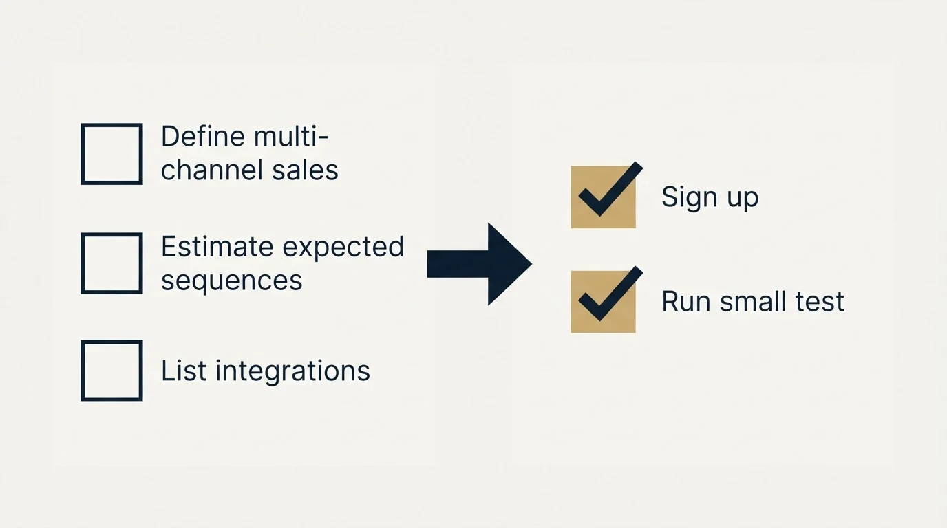 Before-and-after steps: Getting Started Checklist (Define multi-channel sales, Estimate expected sequences, List integrations, Sign up)