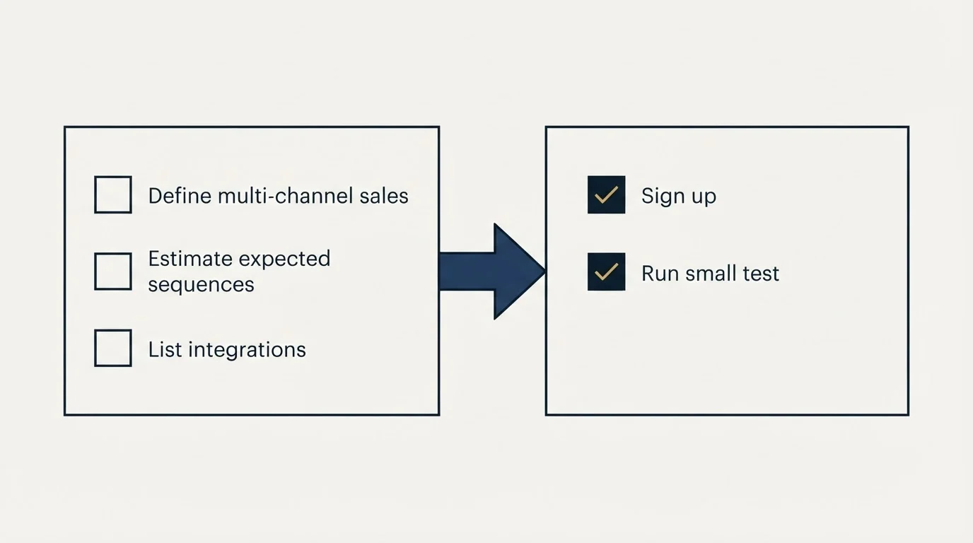 Before-and-after steps: Getting Started Checklist (Define multi-channel sales, Estimate expected sequences, List integrations, Sign up)