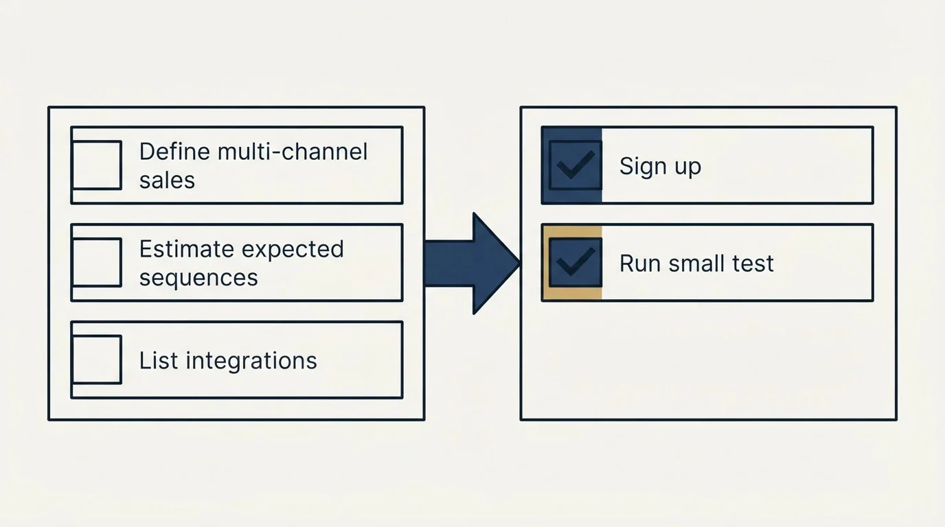 Before-and-after steps: Getting Started Checklist (Define multi-channel sales, Estimate expected sequences, List integrations, Sign up)