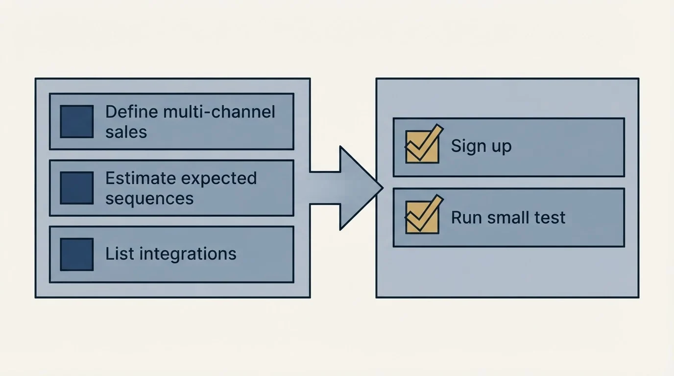 Before-and-after steps: Getting Started Checklist (Define multi-channel sales, Estimate expected sequences, List integrations, Sign up)