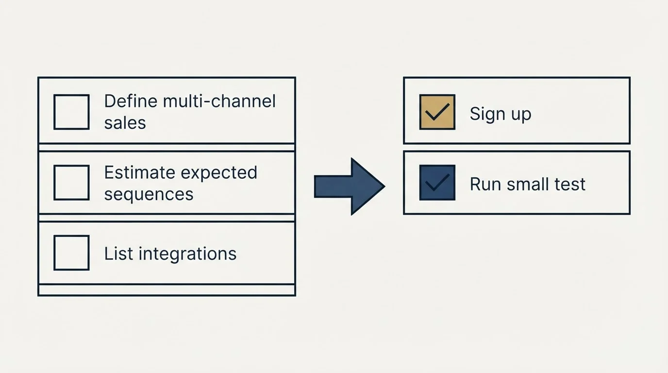 Before-and-after steps: Getting Started Checklist (Define multi-channel sales, Estimate expected sequences, List integrations, Sign up)