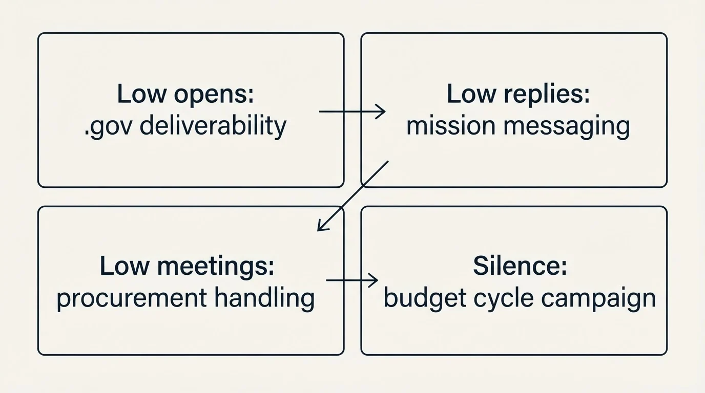 Schematic: Improving Your Government Cold Email Performance (Low opens: .gov deliverability, Low replies: mission messaging, Low meetings: procurement handling, Silence: budget cycle campaign)