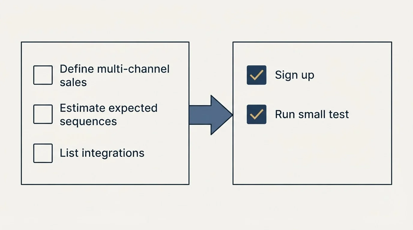 Before-and-after steps: Getting Started Checklist (Define multi-channel sales, Estimate expected sequences, List integrations, Sign up)