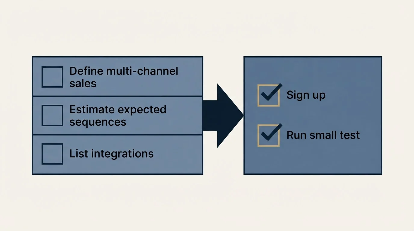 Before-and-after steps: Getting Started Checklist (Define multi-channel sales, Estimate expected sequences, List integrations, Sign up)