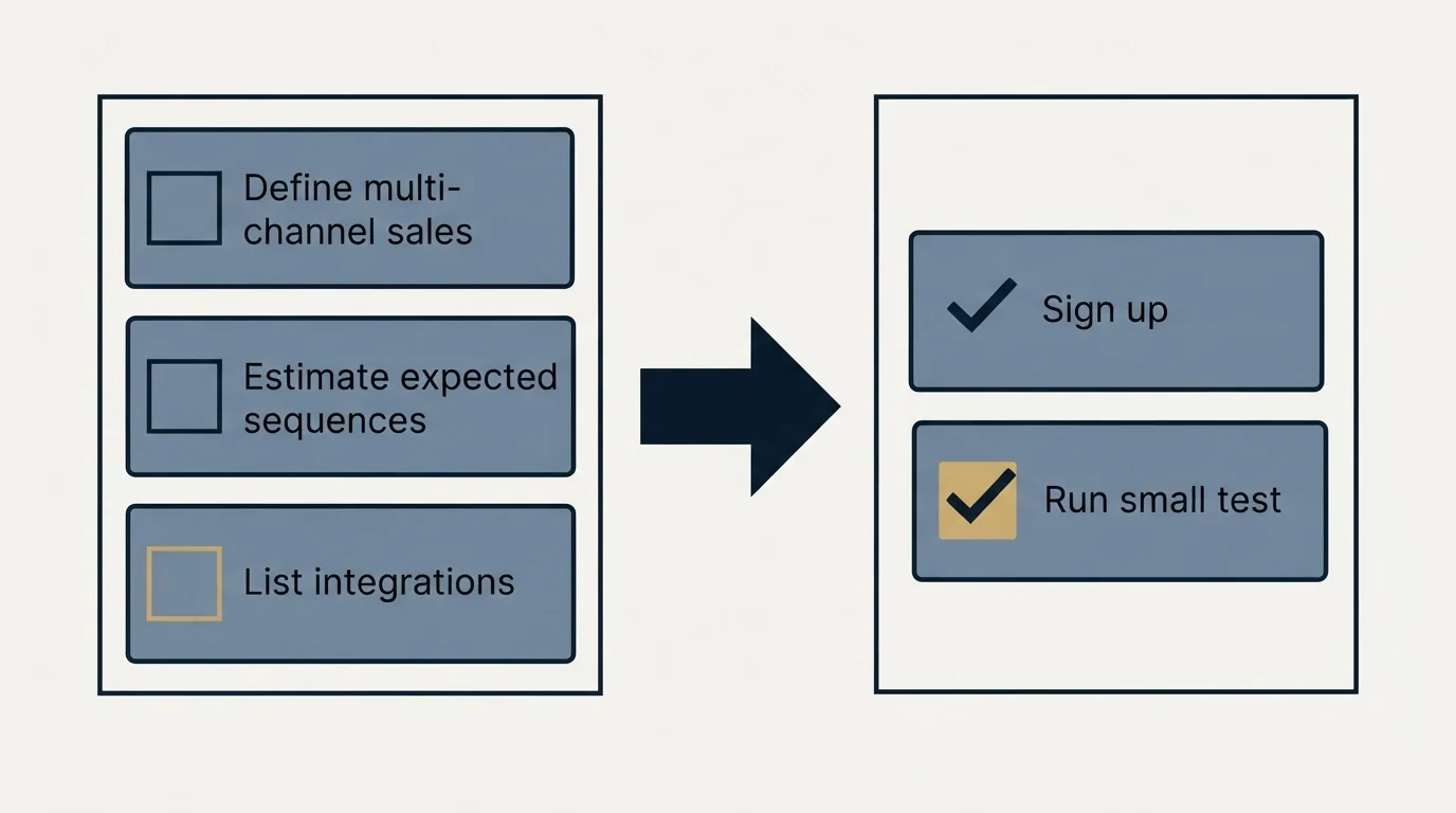 Before-and-after steps: Getting Started Checklist (Define multi-channel sales, Estimate expected sequences, List integrations, Sign up)