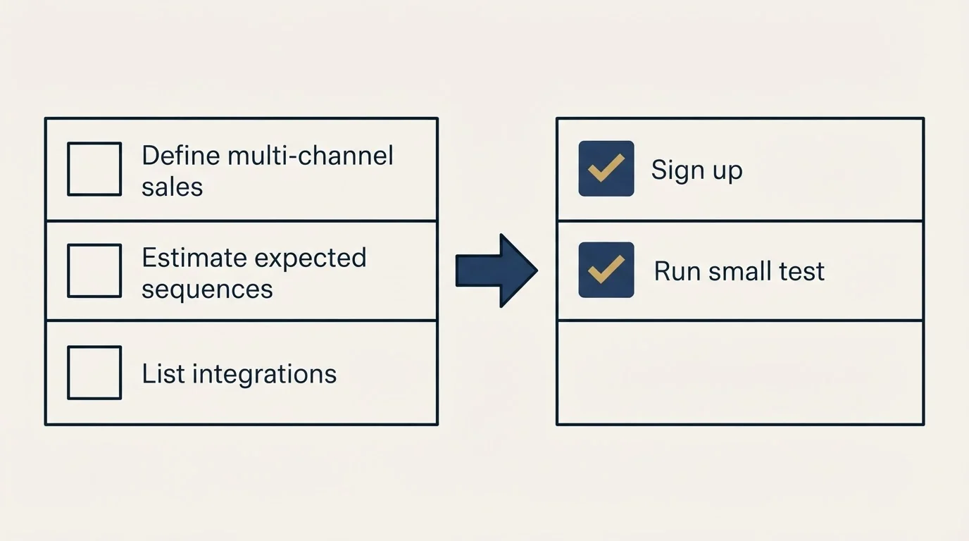Before-and-after steps: Getting Started Checklist (Define multi-channel sales, Estimate expected sequences, List integrations, Sign up)