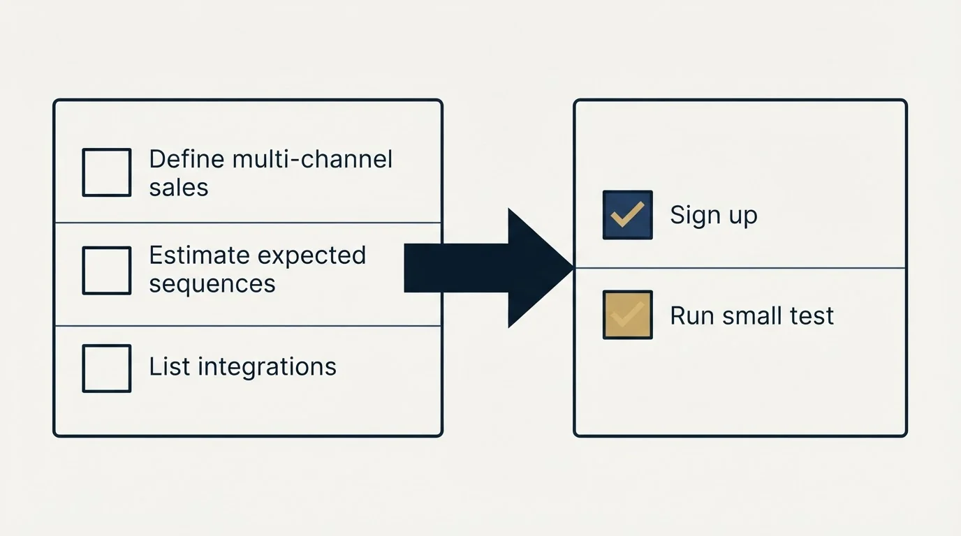 Before-and-after steps: Getting Started Checklist (Define multi-channel sales, Estimate expected sequences, List integrations, Sign up)