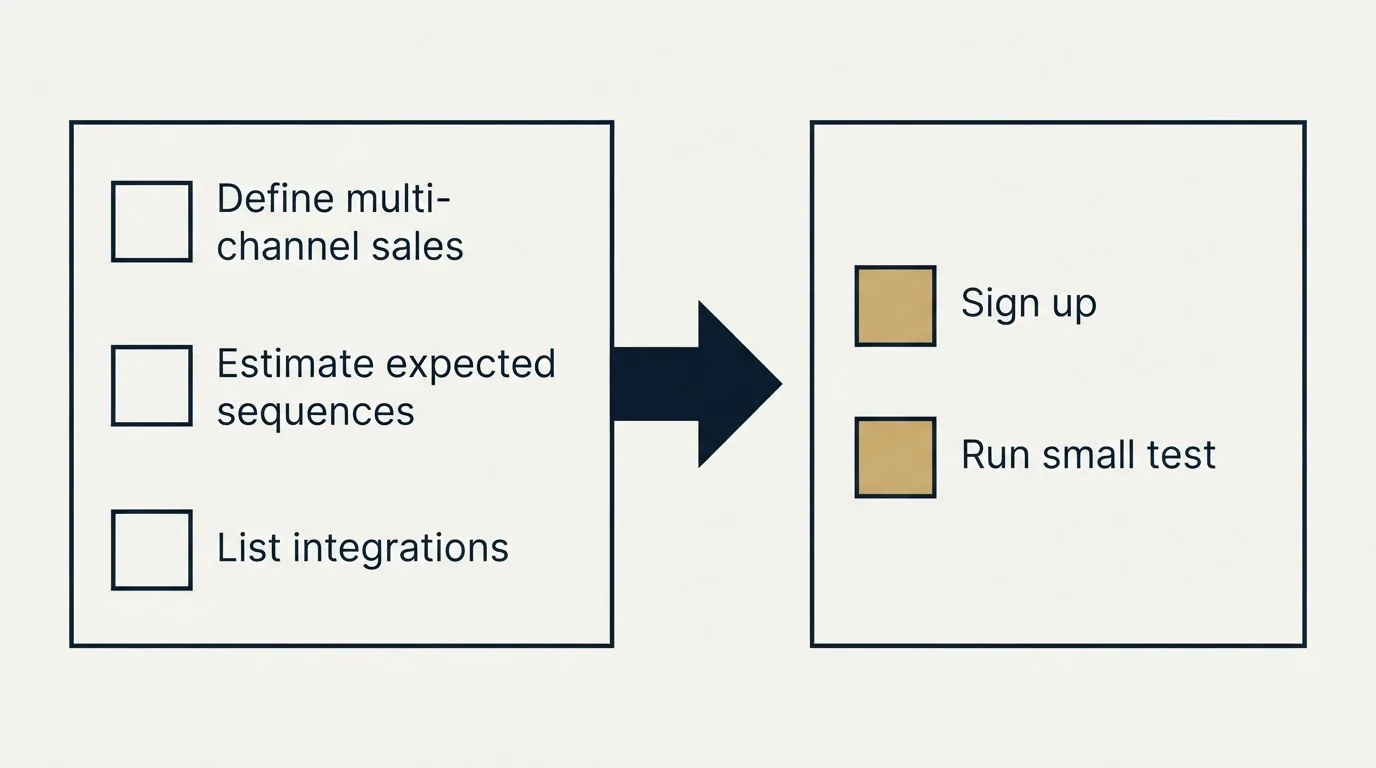 Before-and-after steps: Getting Started Checklist (Define multi-channel sales, Estimate expected sequences, List integrations, Sign up)