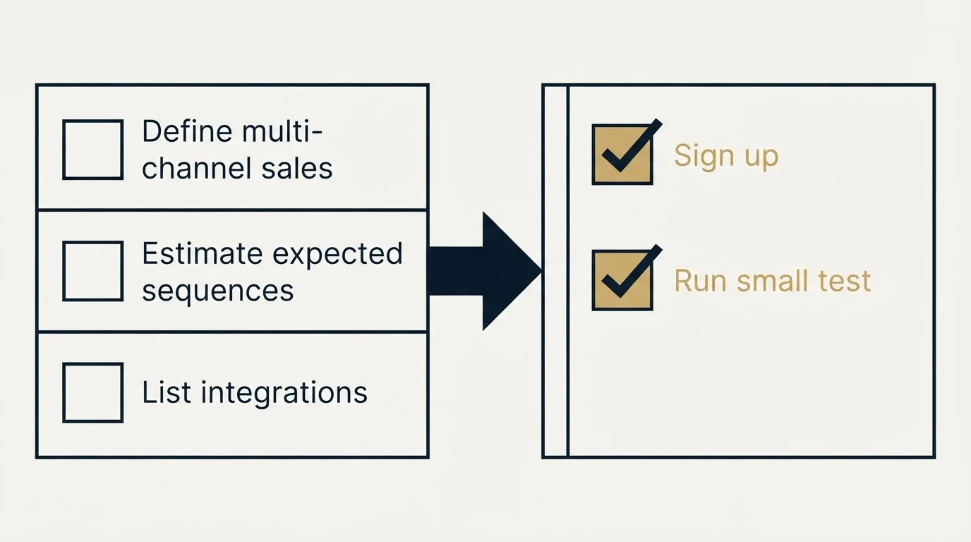Before-and-after steps: Getting Started Checklist (Define multi-channel sales, Estimate expected sequences, List integrations, Sign up)