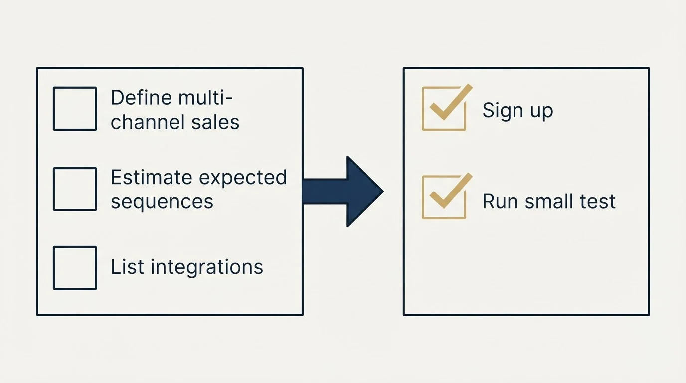 Before-and-after steps: Getting Started Checklist (Define multi-channel sales, Estimate expected sequences, List integrations, Sign up)
